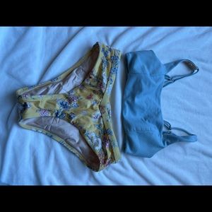 LA hearts blue ribbed top size XS, yellow floral high waist bottoms size XS